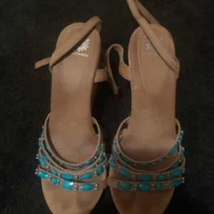 Yellow box turquoise wedge heels